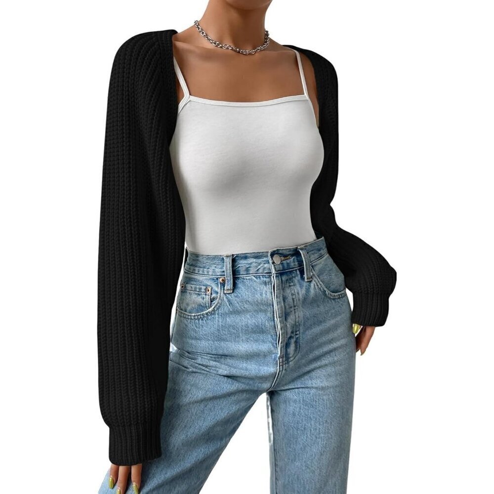 ❤️Women Black Qlarnaweer Cropped Cardiga Bolero Shrug Sweater Open Front Knit